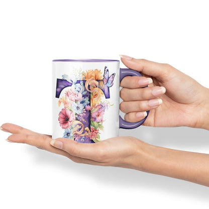 Letter T mug, Floral flowers butterfly Alphabet Letter T Monogram watercolour Ceramic Coloured Mug Cup for Tea Coffee Hot brew 330ml 11Oz Gift