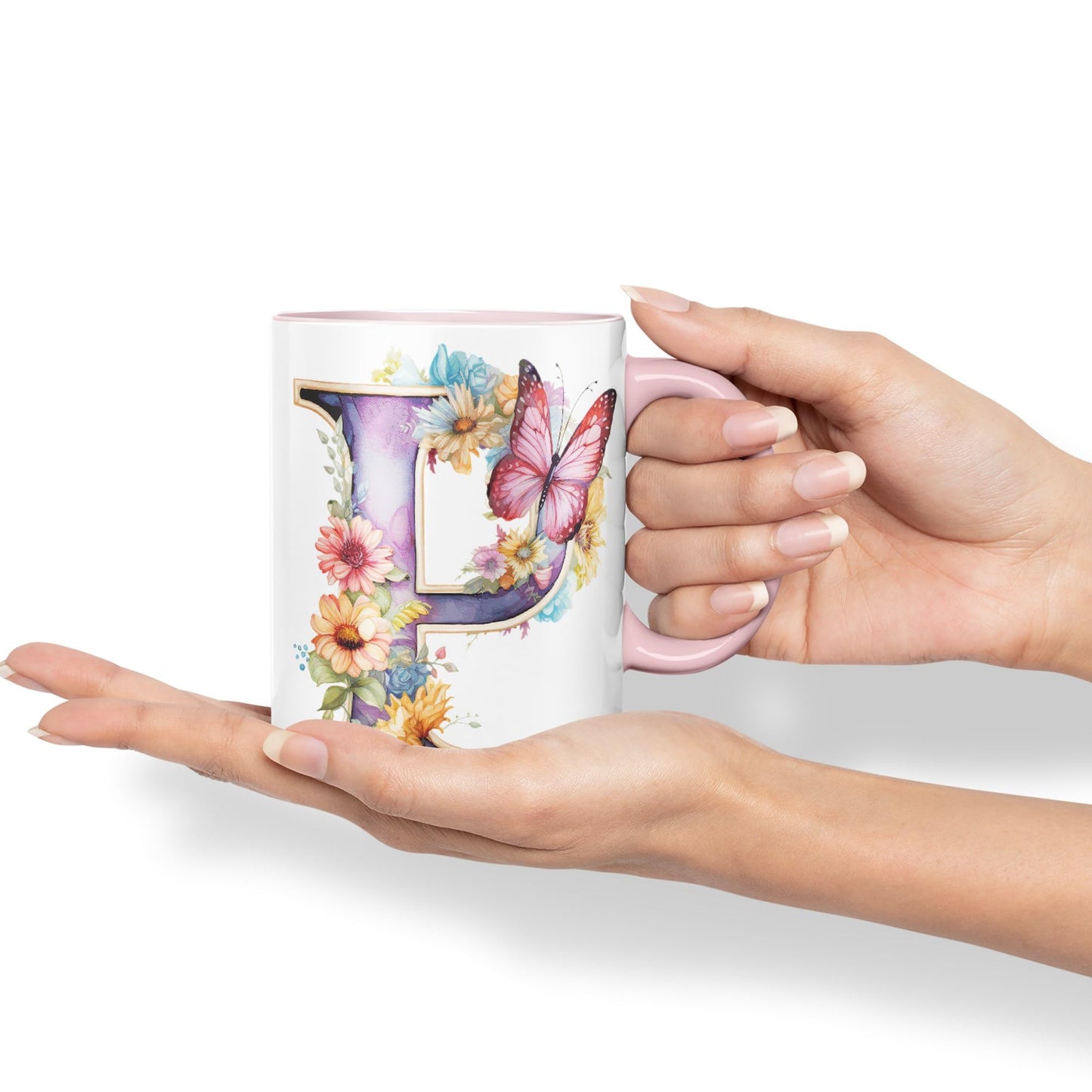 Letter P mug, Floral flowers butterfly Alphabet Letter P Monogram watercolour Ceramic Coloured Mug Cup for Tea Coffee Hot brew 330ml 11Oz