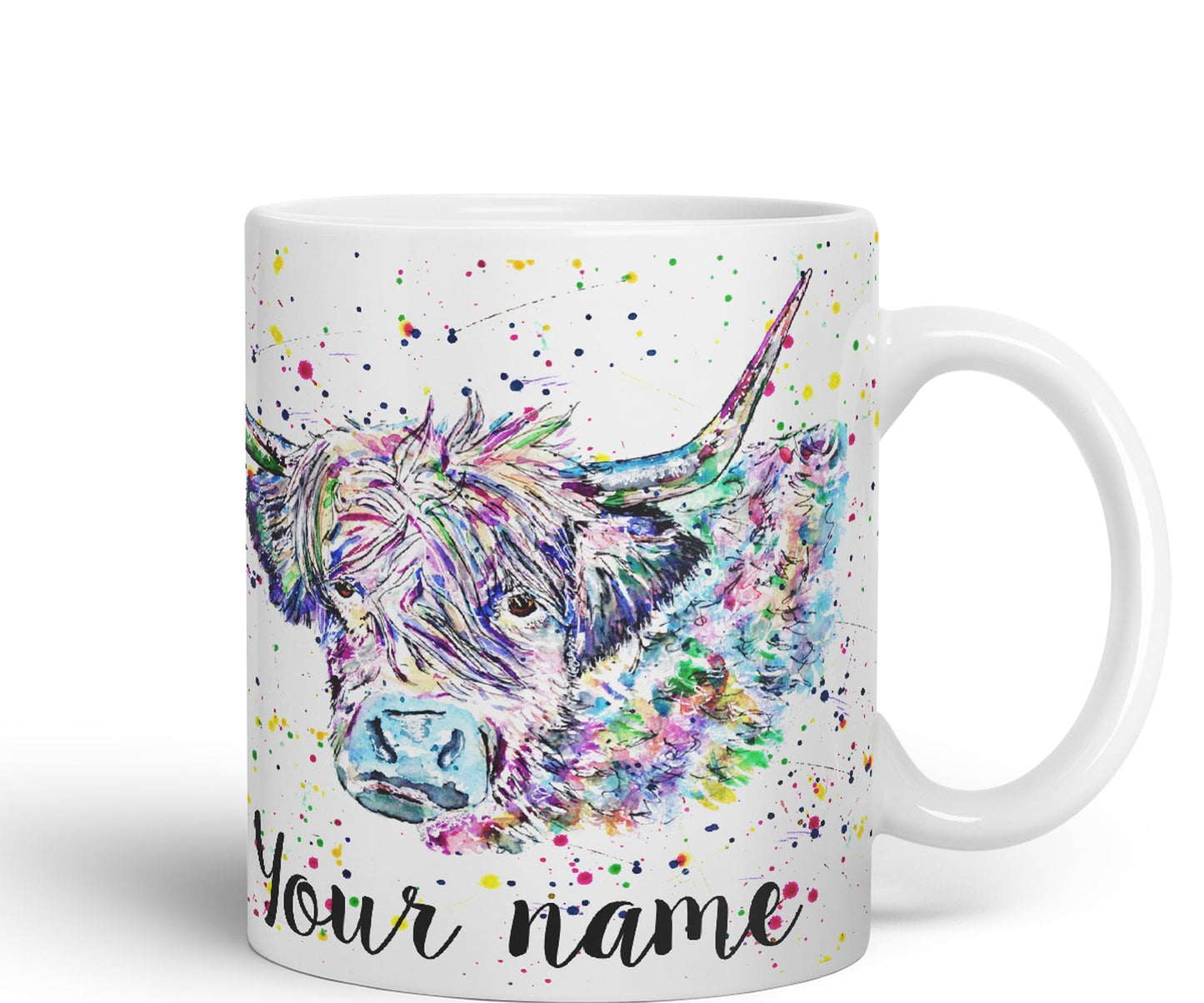 Vixar Personalised with Your Text Highland Cow Scottish Farm Animals Watercolour Art Coloured Mug Cup Gift Birthday Custom Work Office Tea Coffee (P02)