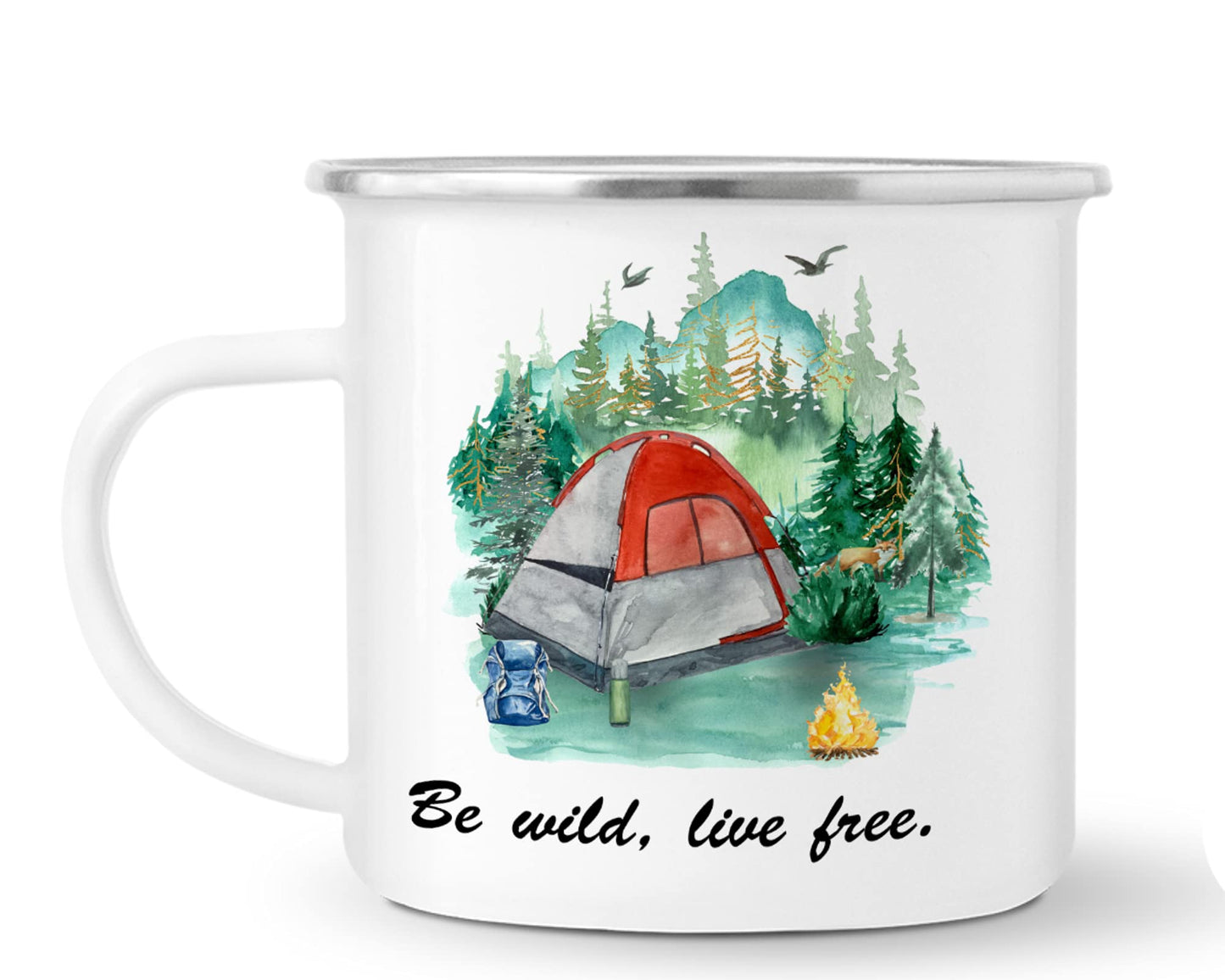 Vixar Enamel Mug Cup, is Ideal for Camping, Caravan, Fishing & Travel, in White with Silver Trim, 10oz, Coffee Tea, Gift, Christmas, Birthday Gift (Be Wild, Live Free)