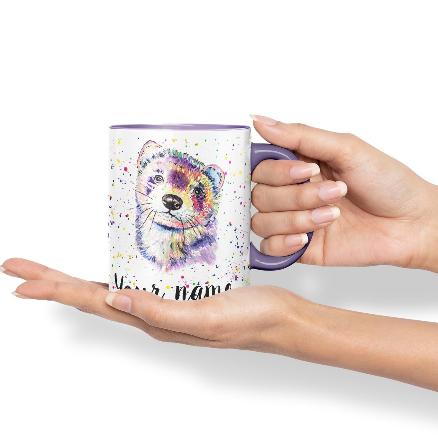 Personalised mug with Your Text name Ferret Pet animals Watercolour Art Coloured Ceramic Mug Cup Gift 330ml 11oz Custom Work Office Tea Coffee