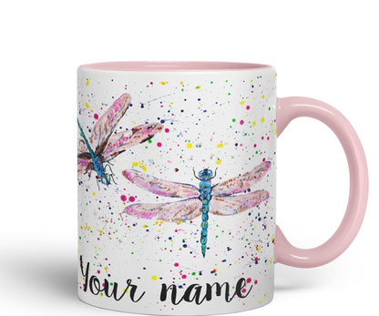 Vixar Personalised with Your Text Dragonflies Dragonfly Insect Animals Watercolour Art Coloured Ceramic Mug Cup Gift 330ml 11oz Custom Work Office Tea Coffee