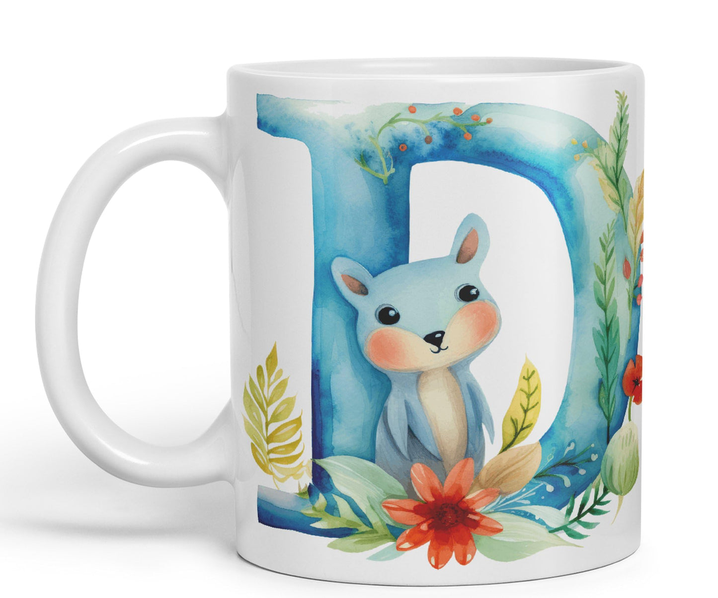 Letter D mug, Animals Alphabet Letter D Monogram animal for kids Ceramic Coloured Mug Cup for Tea Coffee Hot brew 330ml 11Oz Gift