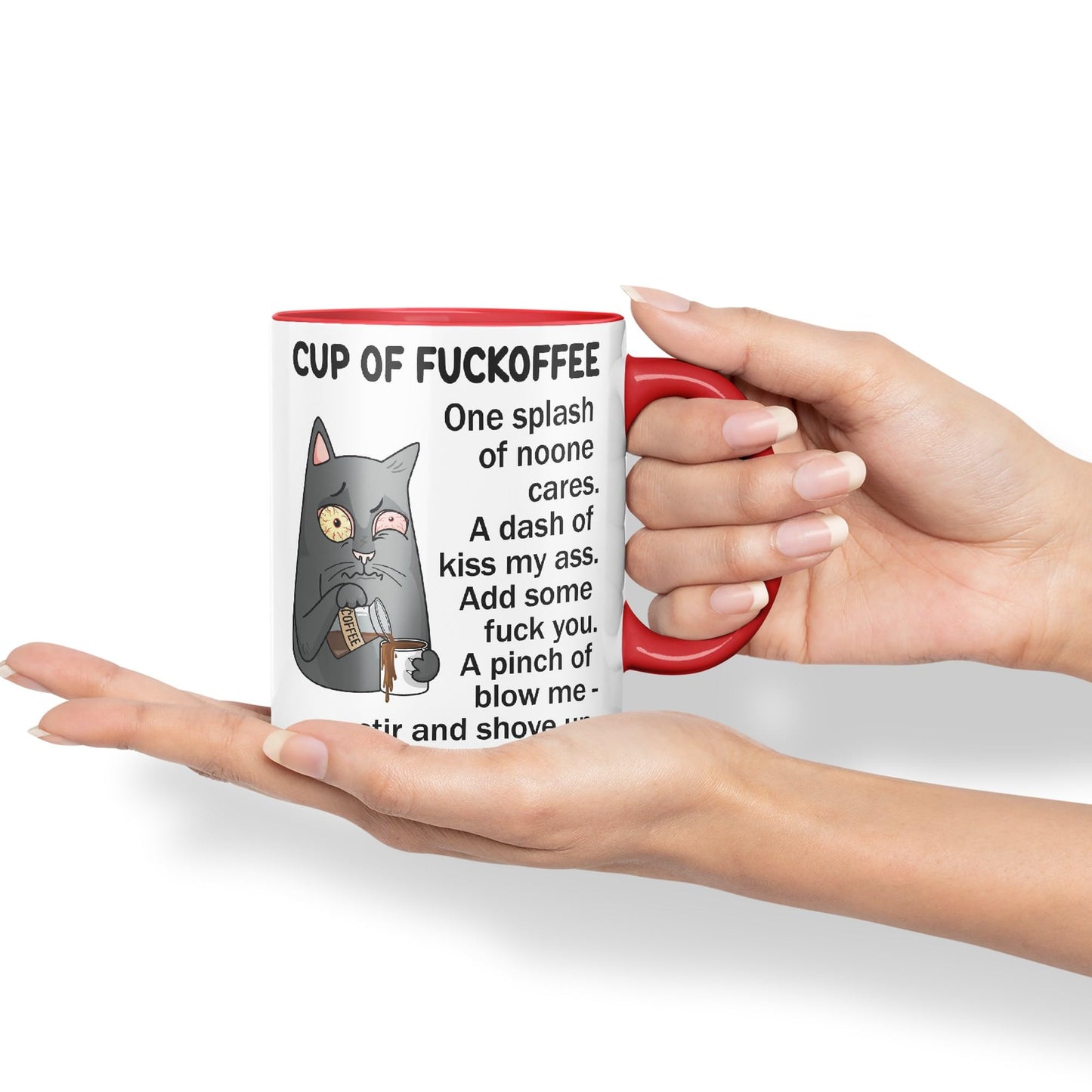Cup of Fuckoffee, one Splash on Noone Cares cat Sarcastic Joke Ceramic Coloured Mug Cup for Tea Coffee Hot Brew 330ml 11Oz
