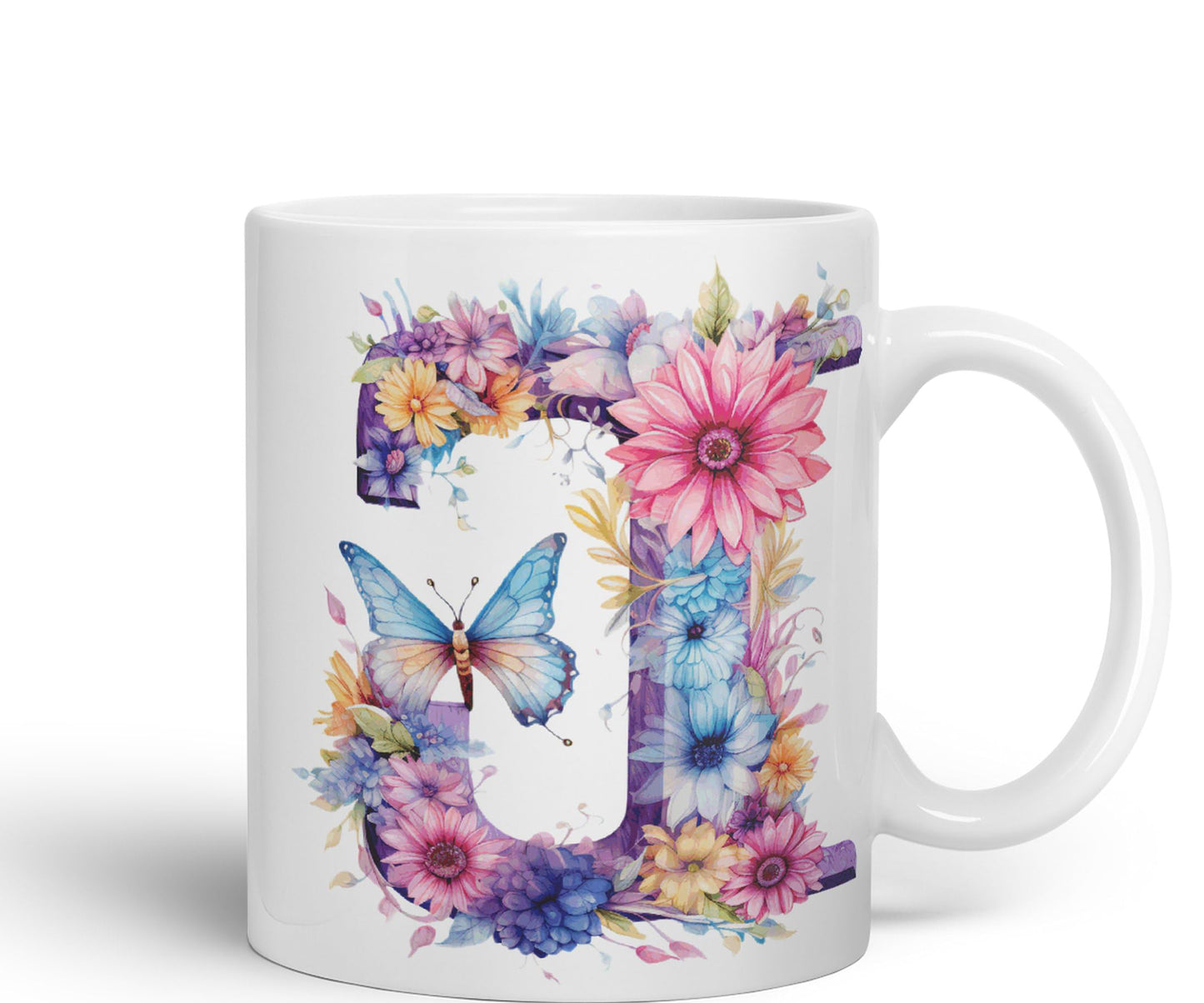 Letter J mug, Floral flowers butterfly Alphabet Letter J Monogram watercolour Ceramic Coloured Mug Cup for Tea Coffee Hot brew 330ml 11Oz Gift