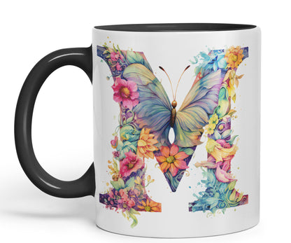 Letter M mug, Floral flowers butterfly Alphabet Letter M Monogram watercolour Ceramic Coloured Mug Cup for Tea Coffee Hot brew 330ml 11Oz Gift