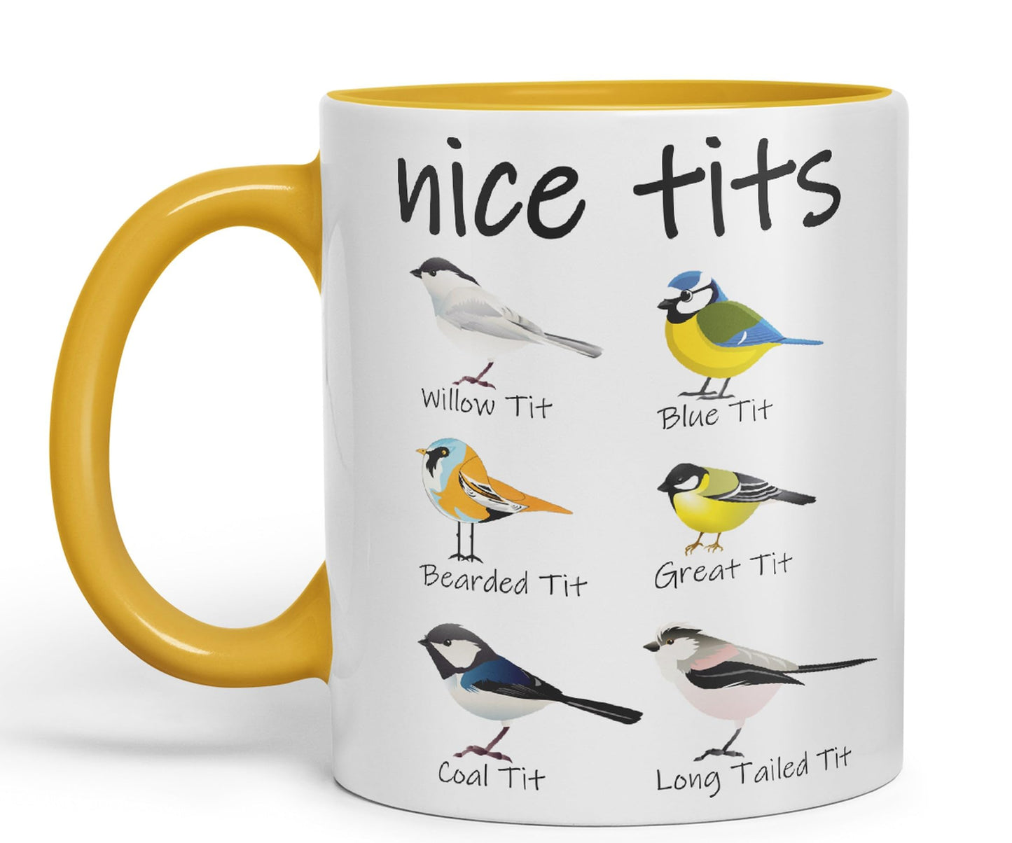 Nice Tits,Willow tit, Blue tit, Bearded tit, Great tit, Coal tit, Long Tailed tit, Sarcastic Joke Ceramic Coloured Mug Cup for Tea Coffee Hot Brew 330ml 11 OZ