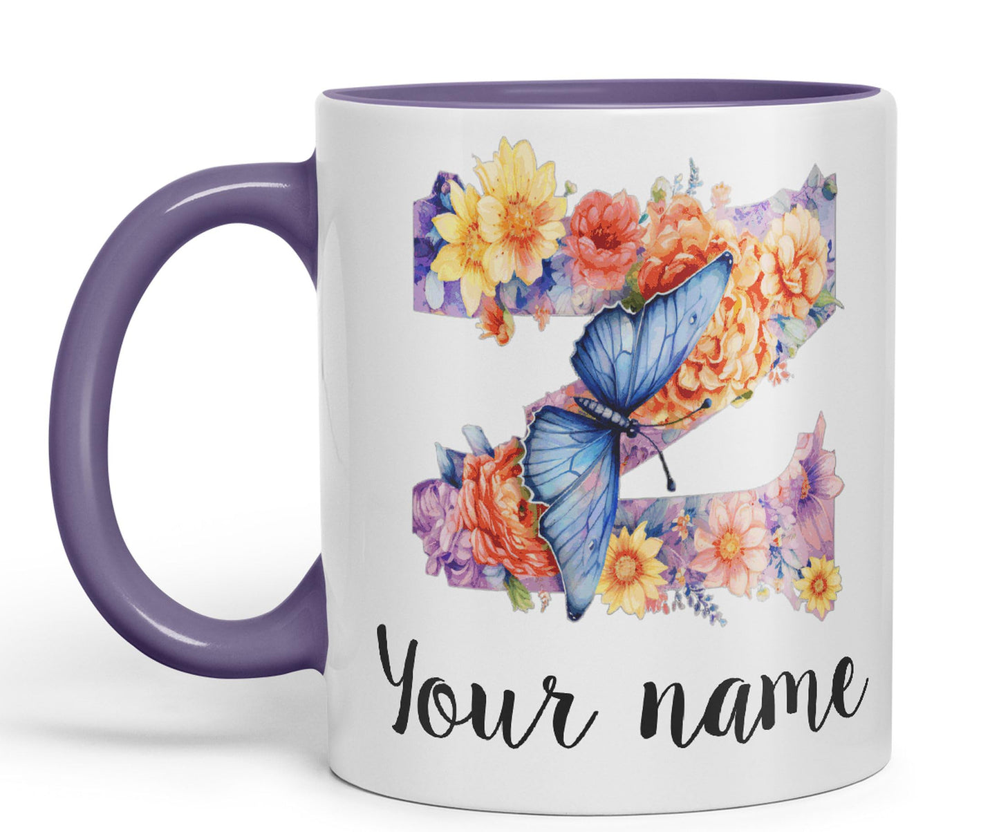 Personalised Letter Z mug, Customized Custom Floral flowers butterfly Alphabet Letter Z Monogram watercolour Ceramic Coloured Mug Cup for Tea Coffee Hot brew 330ml 11Oz Gift