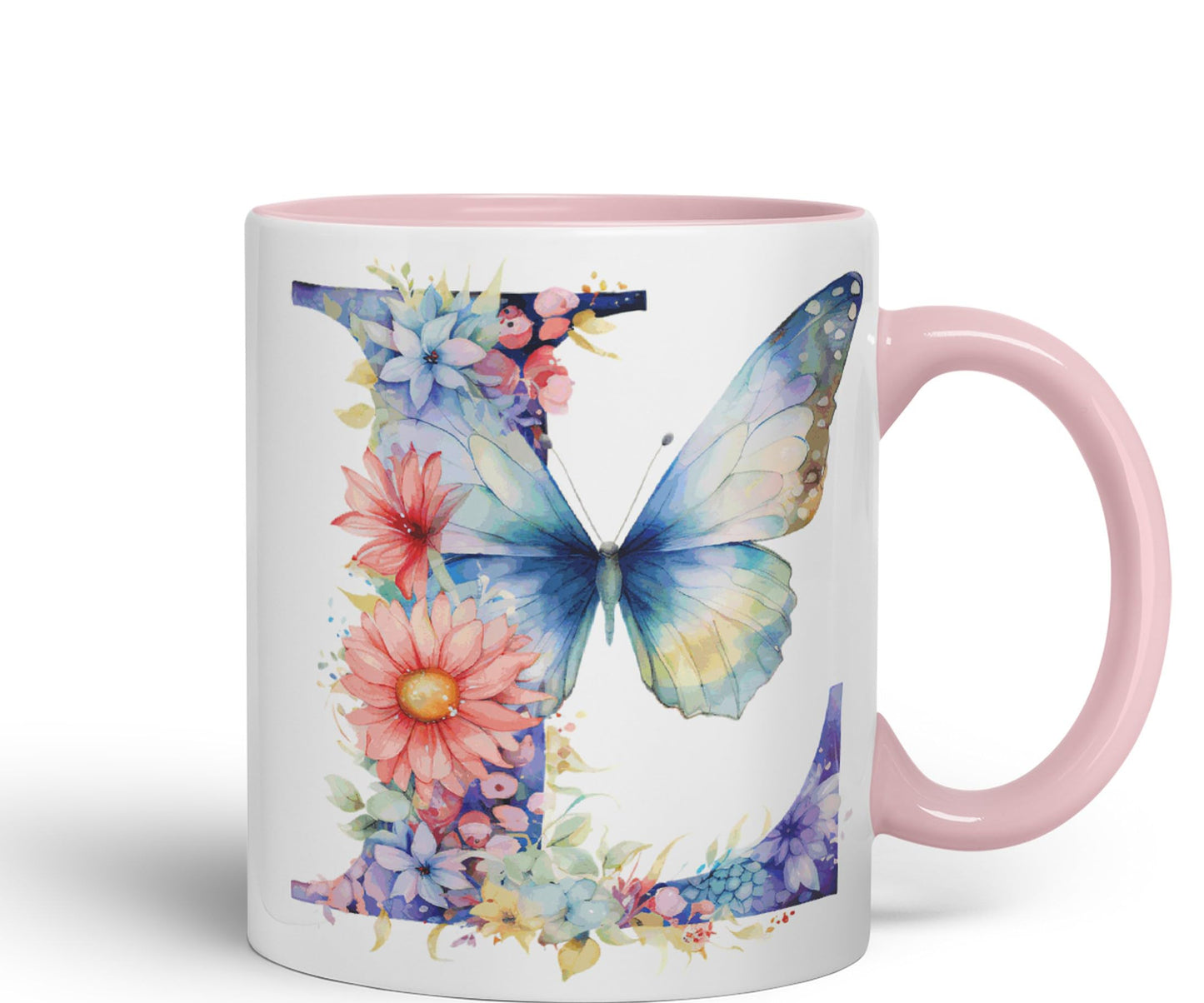 Letter L mug, Floral flowers butterfly Alphabet Letter L Monogram watercolour Ceramic Coloured Mug Cup for Tea Coffee Hot brew 330ml 11Oz Gift