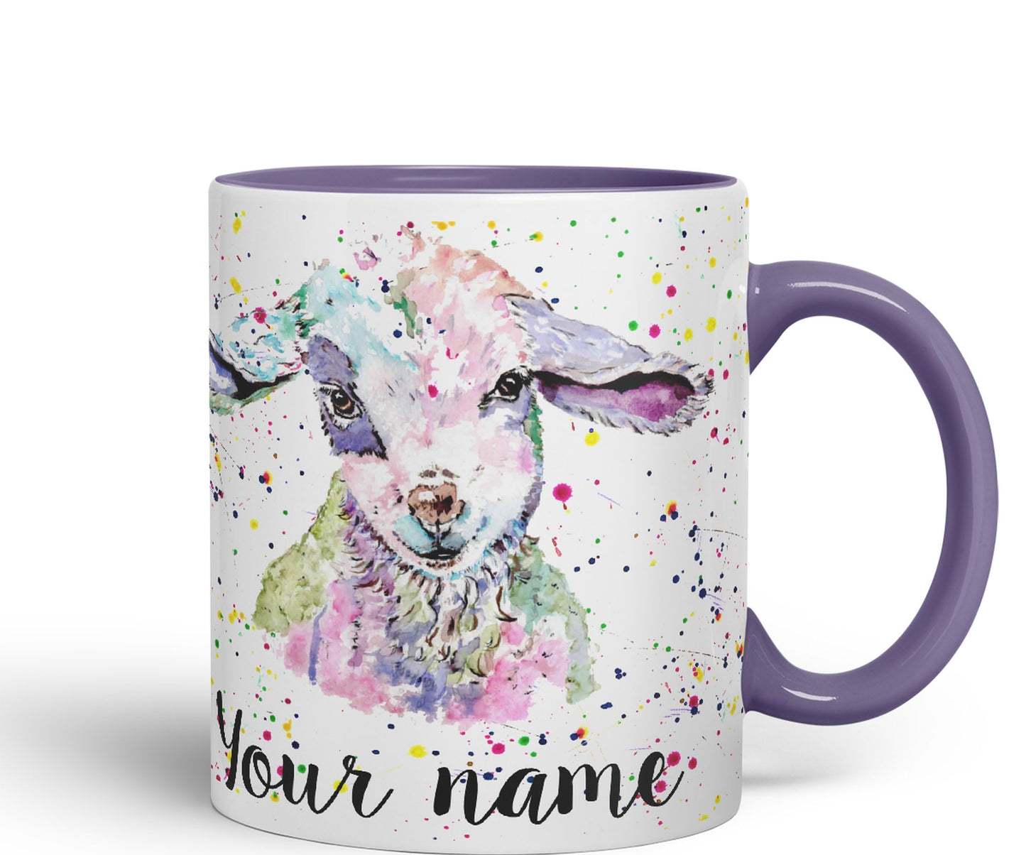 Vixar Personalised with Your Text Lamb Sheep Hogget Farm Animals Watercolour Art Coloured Ceramic Mug Cup Gift 330ml 11oz Custom Work Office Tea Coffee