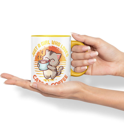 Just a Girl Who Loves Cats & Coffee, cat Sarcastic Joke Ceramic Coloured Mug Cup for Tea Coffee Hot Brew 330ml 11Oz
