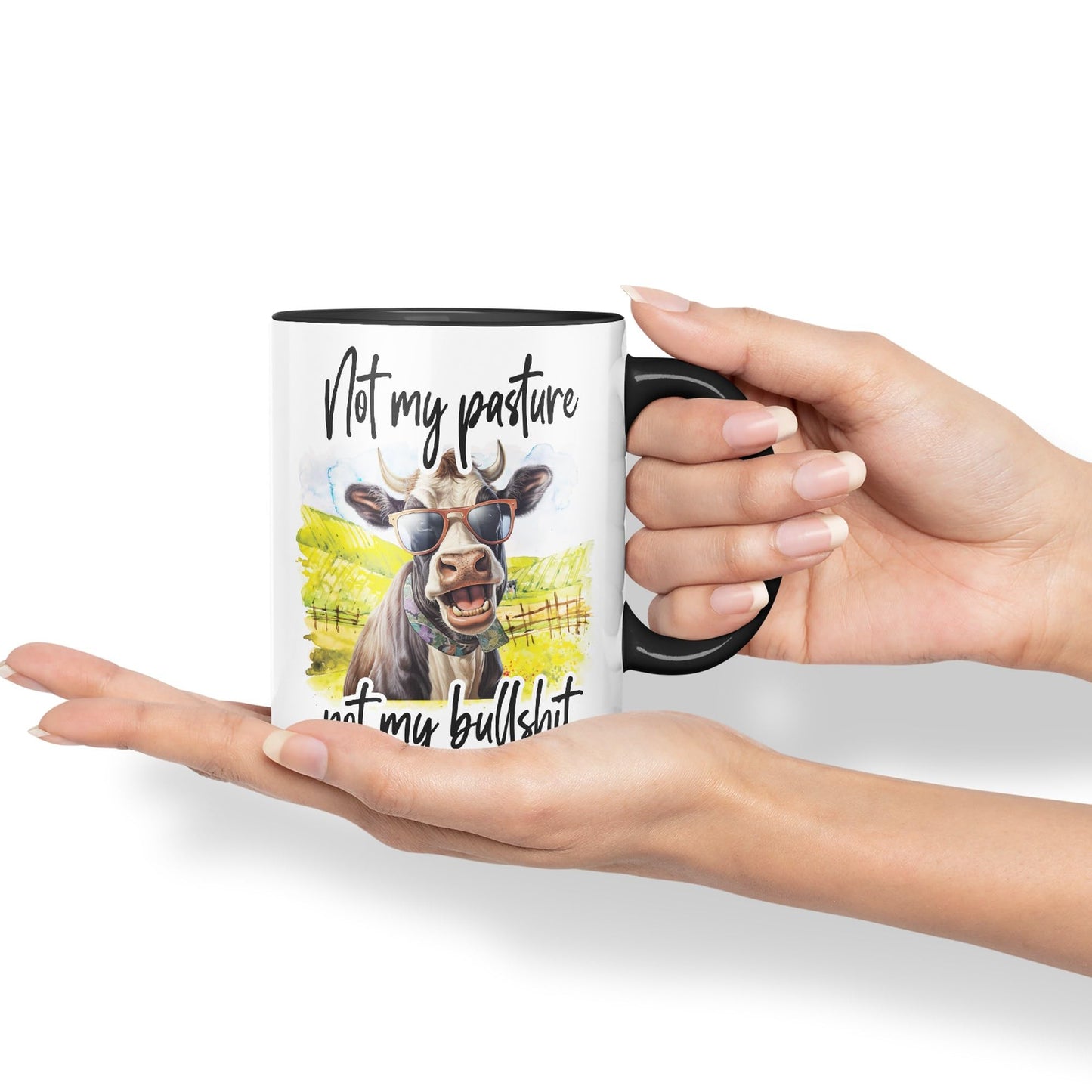 Not My Pasture, not My Bullshit Cow Joke sarkasm Sarcastic Ceramic Coloured Mug Cup for Tea Coffee Hot Brew 330ml 11Oz Gift