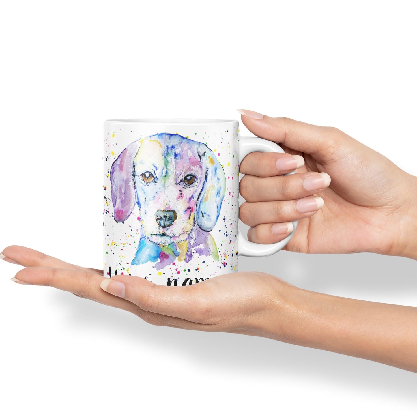 Vixar Personalised with Your Text Beagle Hound hounting Dog Pet Watercolour Art Coloured Ceramic Mug Cup Gift 330ml 11oz Custom Work Office Tea Coffee