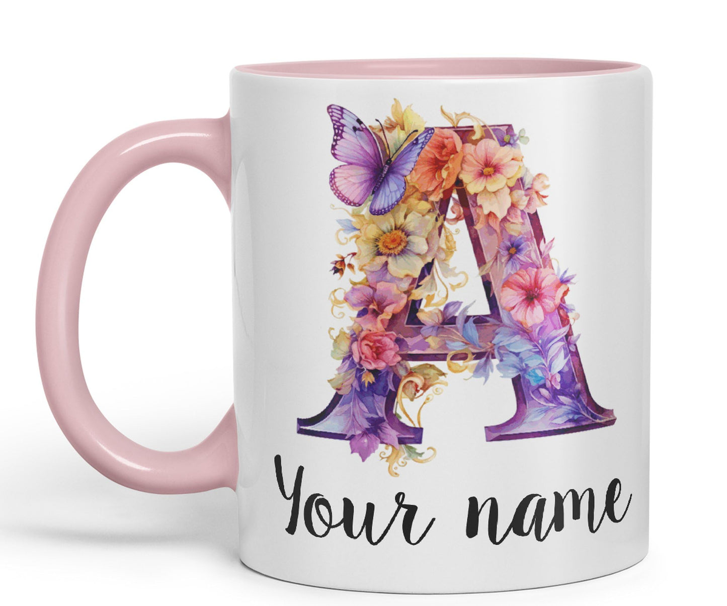 Personalised Letter A mug, Customized Custom Floral flowers butterfly Alphabet Letter A Monogram watercolour Ceramic Coloured Mug Cup for Tea Coffee Hot brew 330ml 11Oz Gift