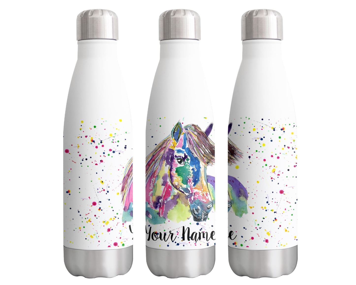 Vixar Pony Personalised Custom Bottle with your Text/name Watercolour Art small Horse Bottle double Wall insulated Stainless steel sport Drinks 500ml