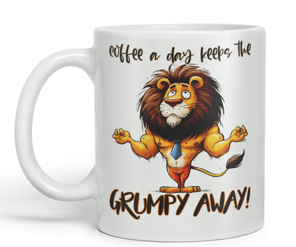 Coffee a Day Keeps The Grumy Away! Lion Joke sarkasm Sarcastic Ceramic Coloured Mug Cup for Tea Coffee Hot Brew 330ml 11Oz Gift