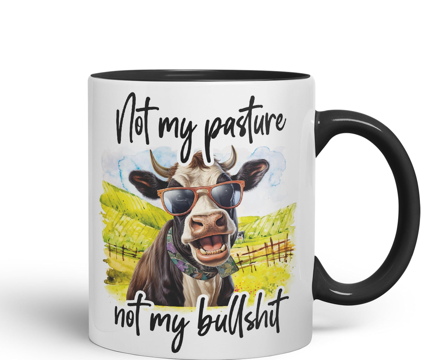 Not My Pasture, not My Bullshit Cow Joke sarkasm Sarcastic Ceramic Coloured Mug Cup for Tea Coffee Hot Brew 330ml 11Oz Gift