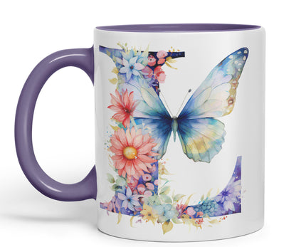Letter L mug, Floral flowers butterfly Alphabet Letter L Monogram watercolour Ceramic Coloured Mug Cup for Tea Coffee Hot brew 330ml 11Oz Gift