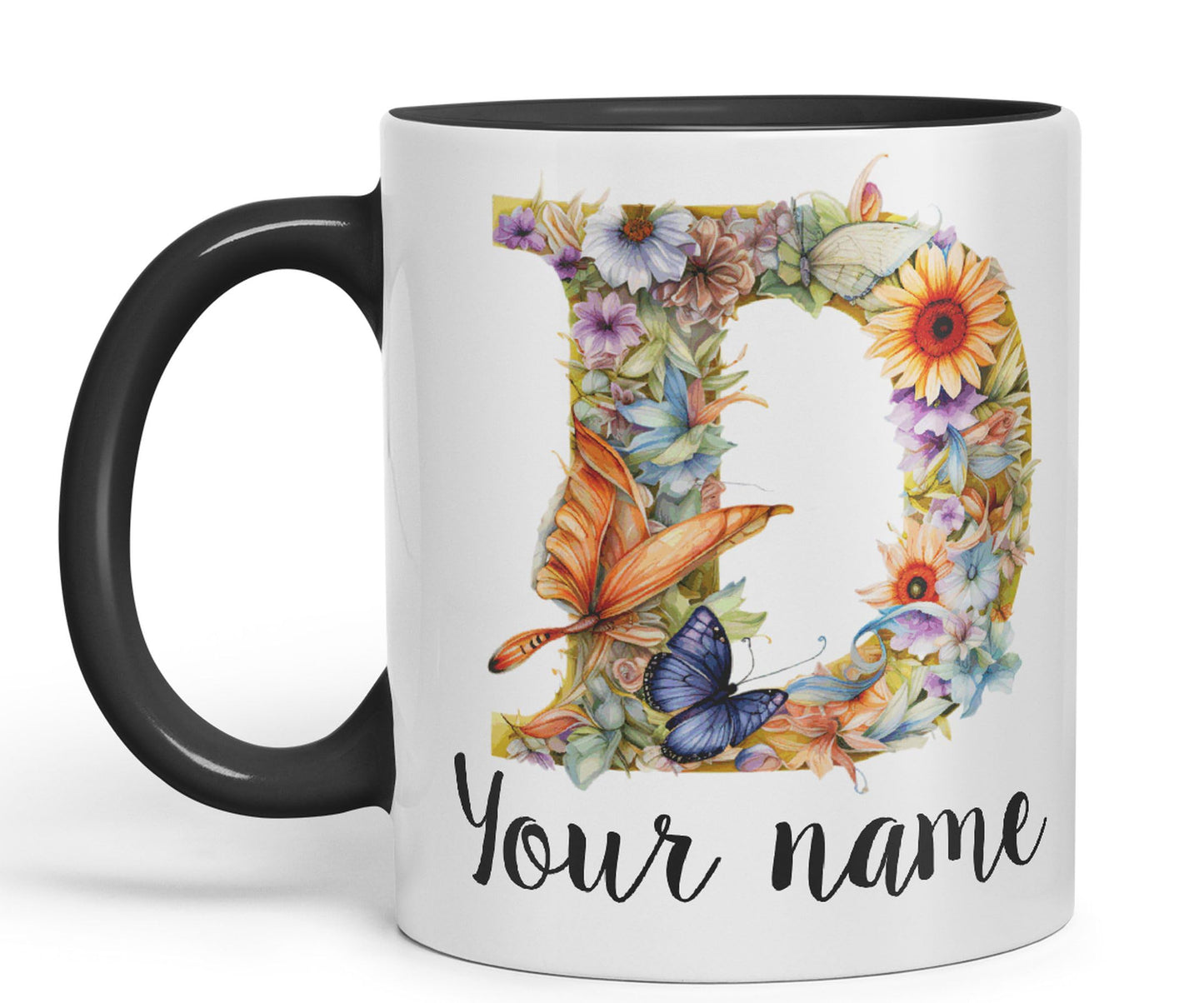 Personalised Letter D mug, Customized Custom Floral flowers butterfly Alphabet Letter D Monogram watercolour Ceramic Coloured Mug Cup for Tea Coffee Hot brew 330ml 11Oz Gift