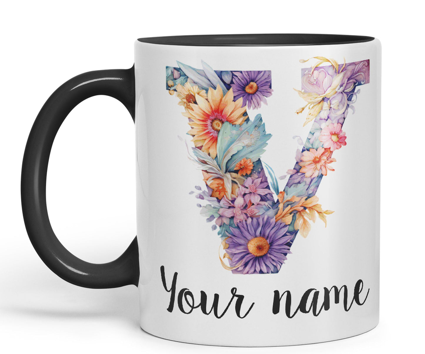 Personalised Letter V mug, Customized Custom Floral flowers butterfly Alphabet Letter V Monogram watercolour Ceramic Coloured Mug Cup for Tea Coffee Hot brew 330ml 11Oz Gift