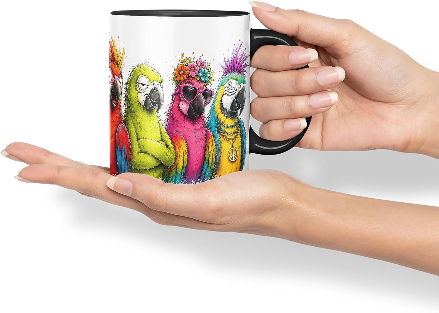 Vixar Parrots Mug – Colourful Bird Lover Coloured Ceramic Mug Cup Gift, 11oz (Black)