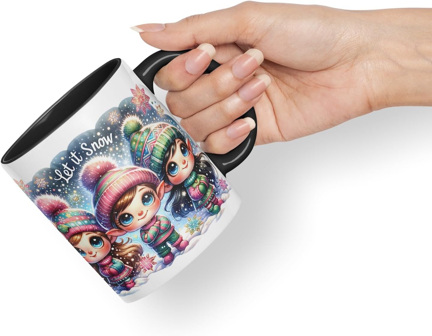 Vixar Let It Snow Cute Christmas Elves Coloured Mug Cup Winter Gift 11oz (Black)