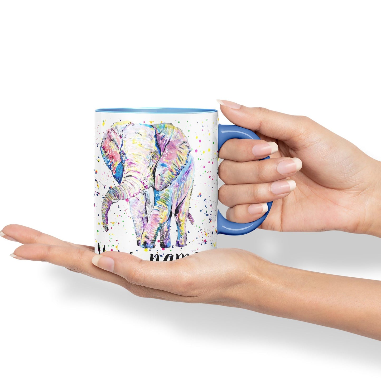 Vixar Personalised with Your Text Elephant Forward Facing Wild Animals Watercolour Art Coloured Ceramic Mug Cup Gift 330ml 11oz Custom Work Office Tea Coffee