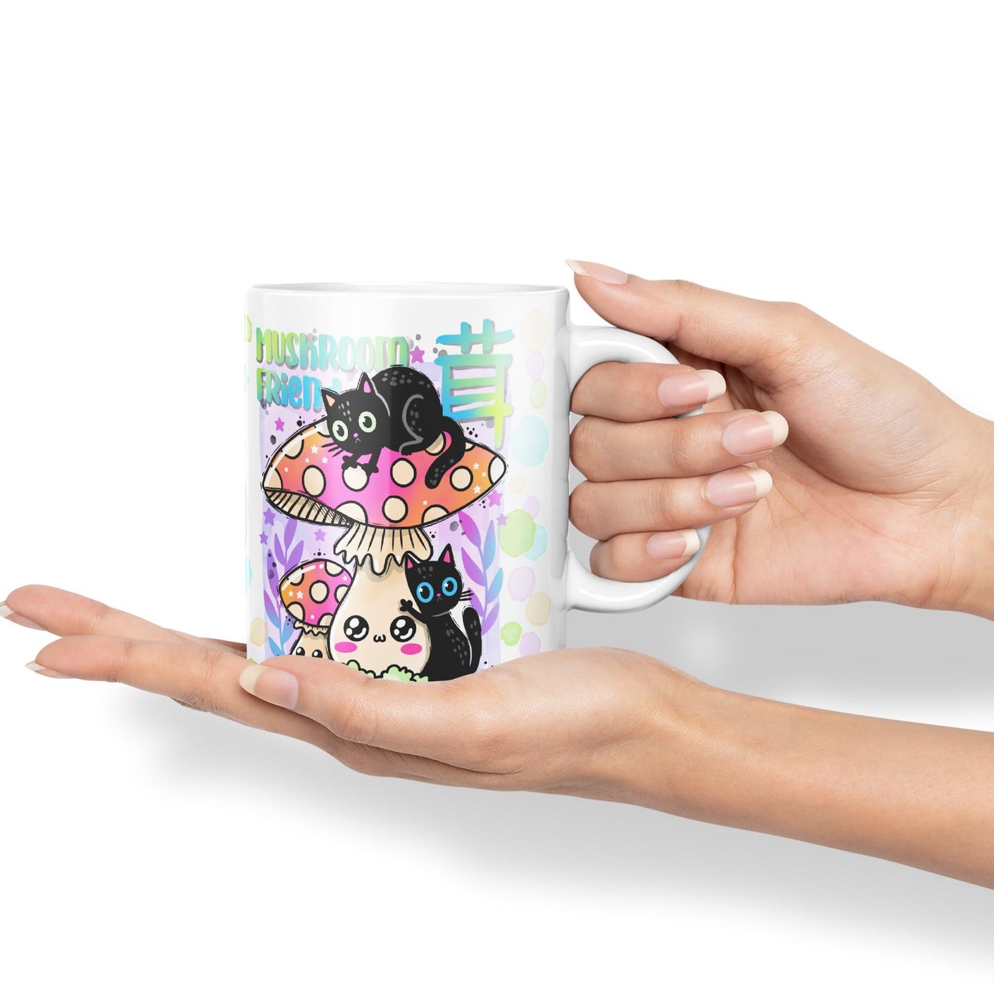 Vixar Mushroom with Cats Cat Friend Coloured Ceramic Mug Cup Gift 330ml 11oz Work Office Tea Coffee Valentines