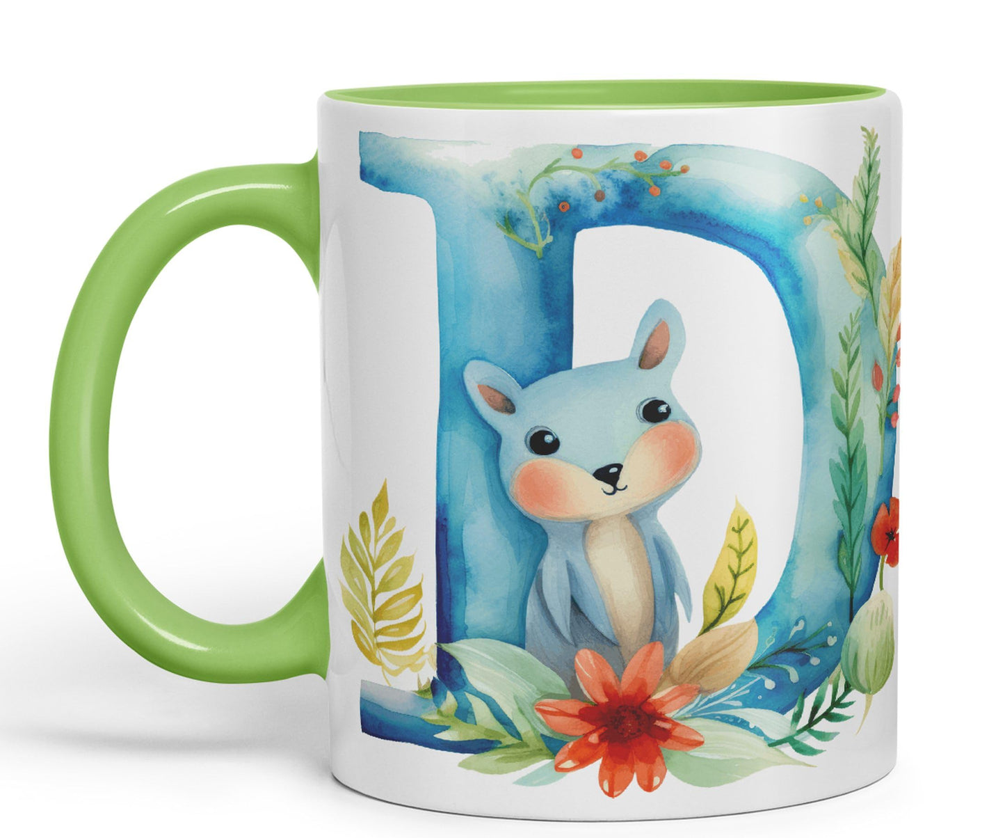Letter D mug, Animals Alphabet Letter D Monogram animal for kids Ceramic Coloured Mug Cup for Tea Coffee Hot brew 330ml 11Oz Gift