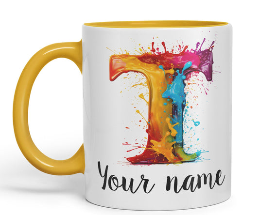 Personalised Letter T mug, Alphabet cusomized custom Letter T Monogram watercolour Ceramic Coloured Mug Cup for Tea Coffee Hot brew 330ml 11Oz Gift