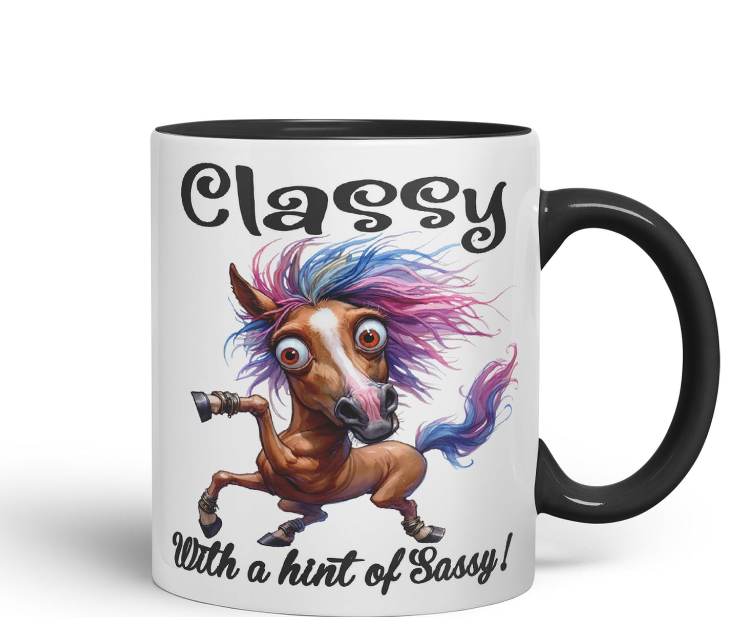 Classy with a hint of Sassy! Horse cat Joke sarkasm Sarcastic Ceramic Coloured Mug Cup for Tea Coffee Hot Brew 330ml 11Oz Gift