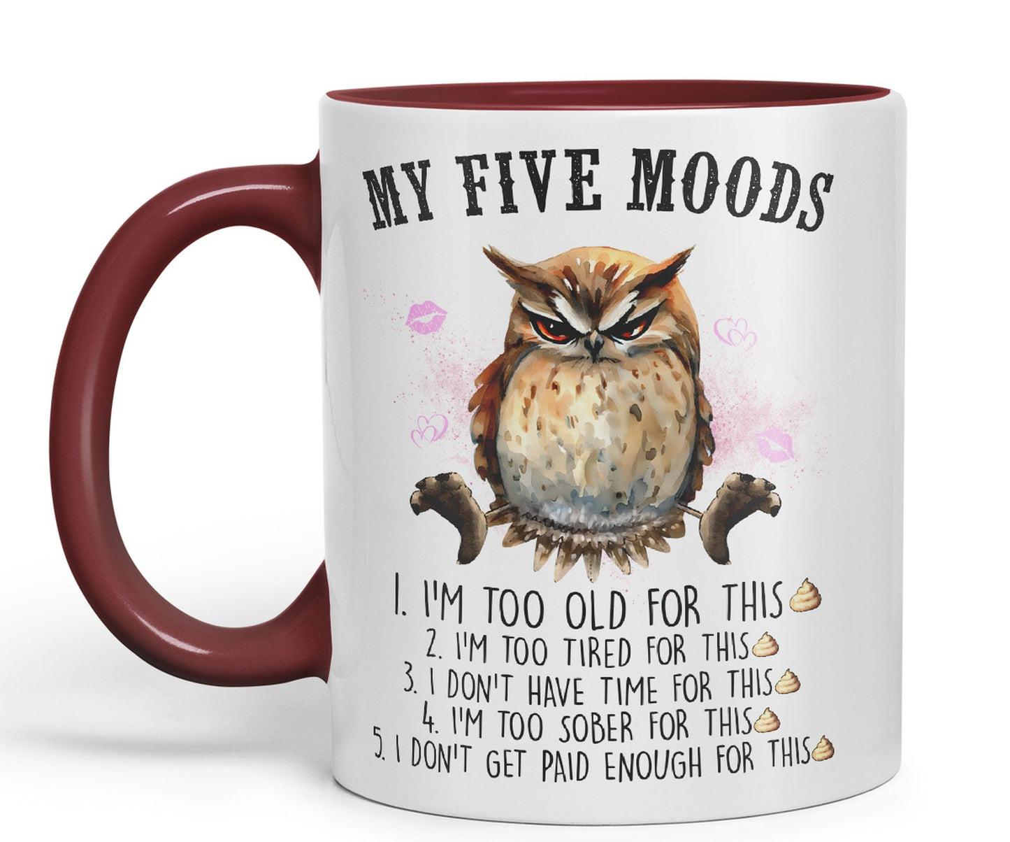 My Five Moods owl Sarcastic Joke Ceramic Coloured Mug Cup for Tea Coffee Hot Brew 330ml 11Oz