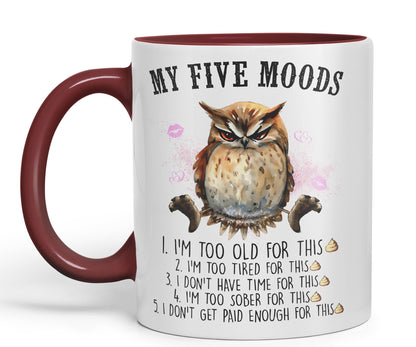 My Five Moods owl Sarcastic Joke Ceramic Coloured Mug Cup for Tea Coffee Hot Brew 330ml 11Oz