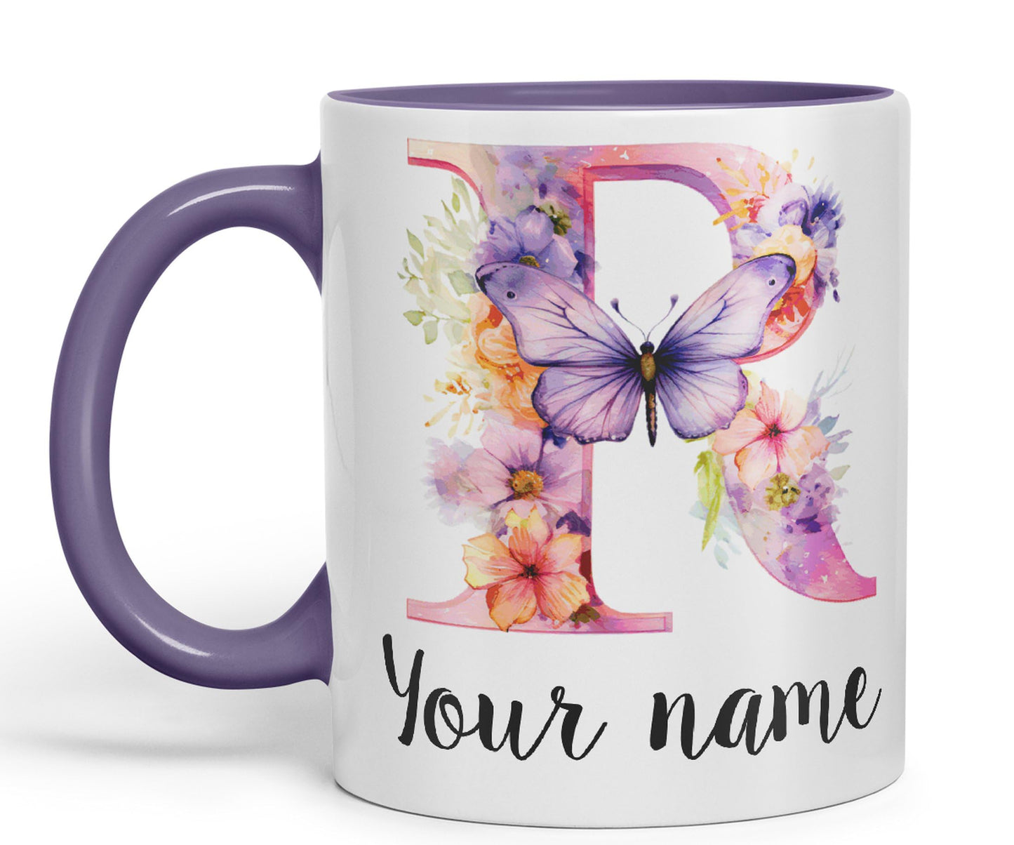 Personalised Letter R mug, Customized Custom Floral flowers butterfly Alphabet Letter R Monogram watercolour Ceramic Coloured Mug Cup for Tea Coffee Hot brew 330ml 11Oz Gift