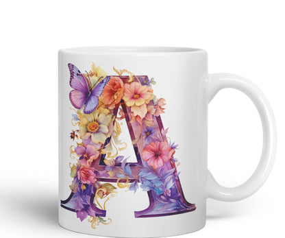 Letter A mug, Floral flowers butterfly Alphabet Letter A Monogram watercolour Ceramic Coloured Mug Cup for Tea Coffee Hot brew 330ml 11Oz Gift