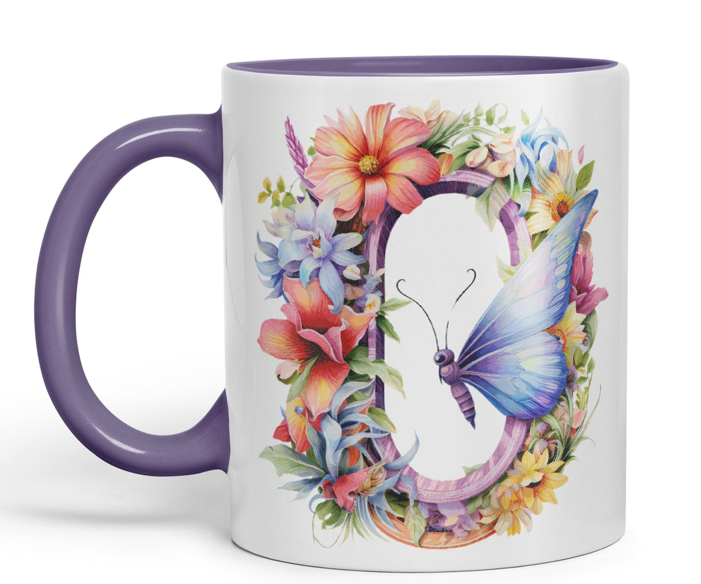 Letter O mug, Floral flowers butterfly Alphabet Letter O Monogram watercolour Ceramic Coloured Mug Cup for Tea Coffee Hot brew 330ml 11Oz Gift