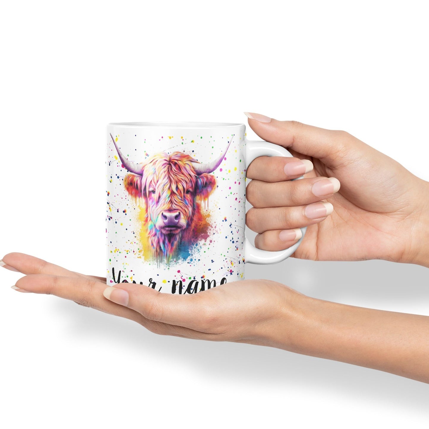 Personalised mug with Your Text name Highland Scottish Cow farm animals Watercolour Art Coloured Ceramic Mug Cup Gift 330ml 11oz Custom Work Office Tea Coffee HC4