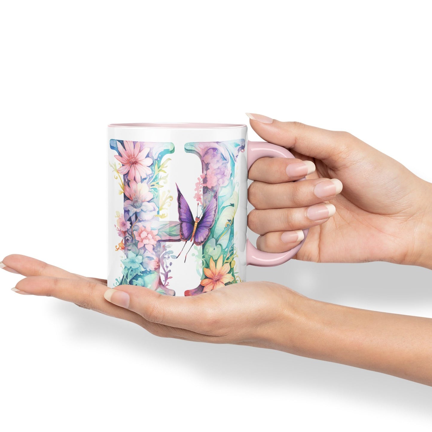 Letter H mug, Floral flowers butterfly Alphabet Letter H Monogram watercolour Ceramic Coloured Mug Cup for Tea Coffee Hot brew 330ml 11Oz Gift