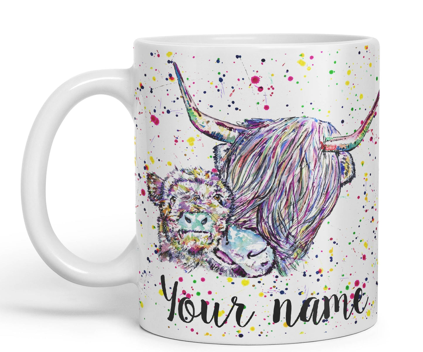 Vixar Personalised with Your Text Highland Cow Scottish with Calf Baby Farm Animals Watercolour Art Coloured Ceramic Mug Cup Gift 330ml 11oz Custom Work Office Tea Coffee