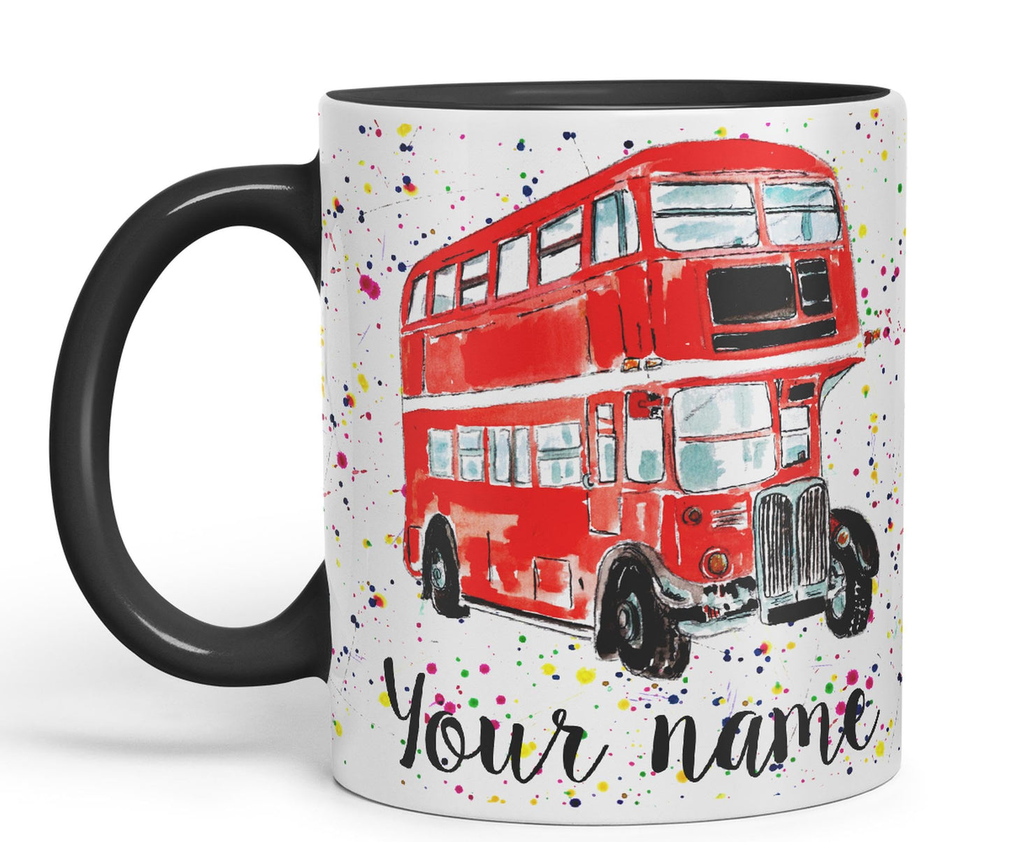 Vixar Personalised with Your Text Red Bus Classic London Busses Watercolour Art Coloured Ceramic Mug Cup Gift 330ml 11oz Custom Work Office Tea Coffe