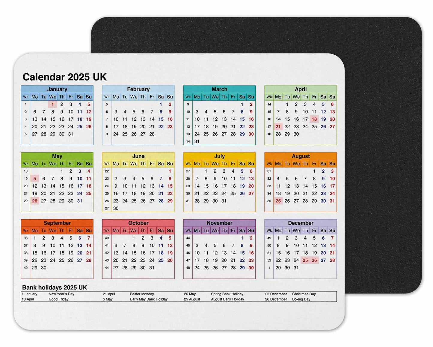 Vixar Calendar 2025 Mouse mat pad for UK with Holiday Non Slip PC Desktop Laptop for Office home work