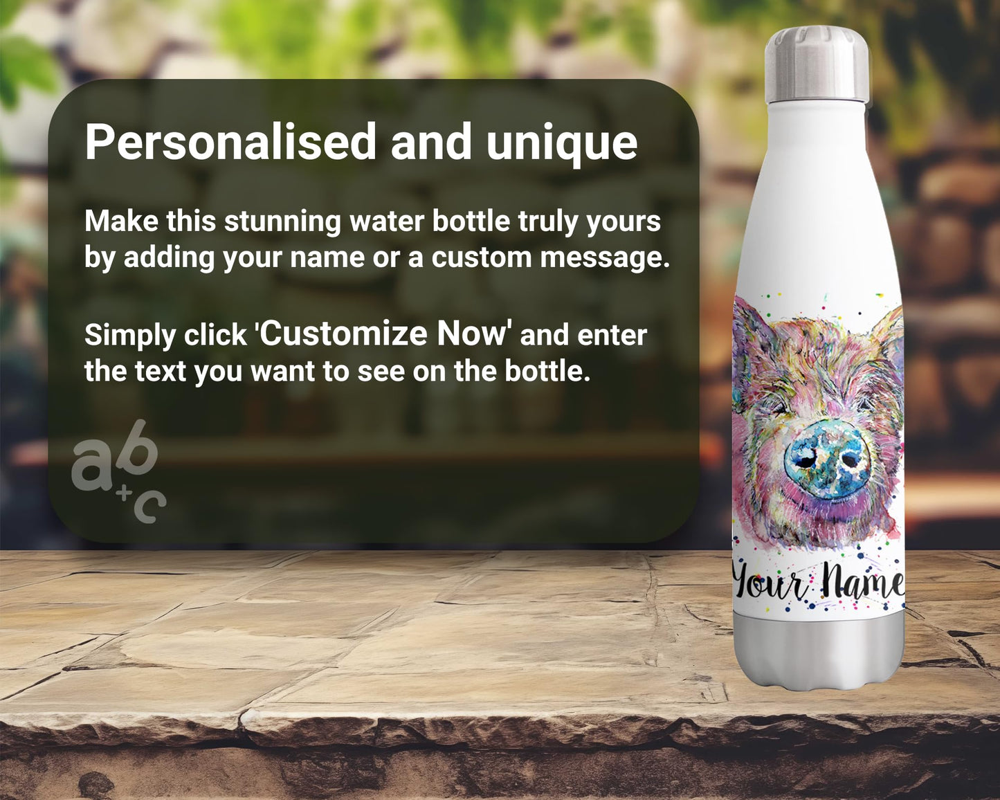 Vixar Pig Personalised Custom Bottle with your Text/name Watercolour Hog Pork Farm animal Bottle double Wall insulated Stainless steel sport Drinks 500ml