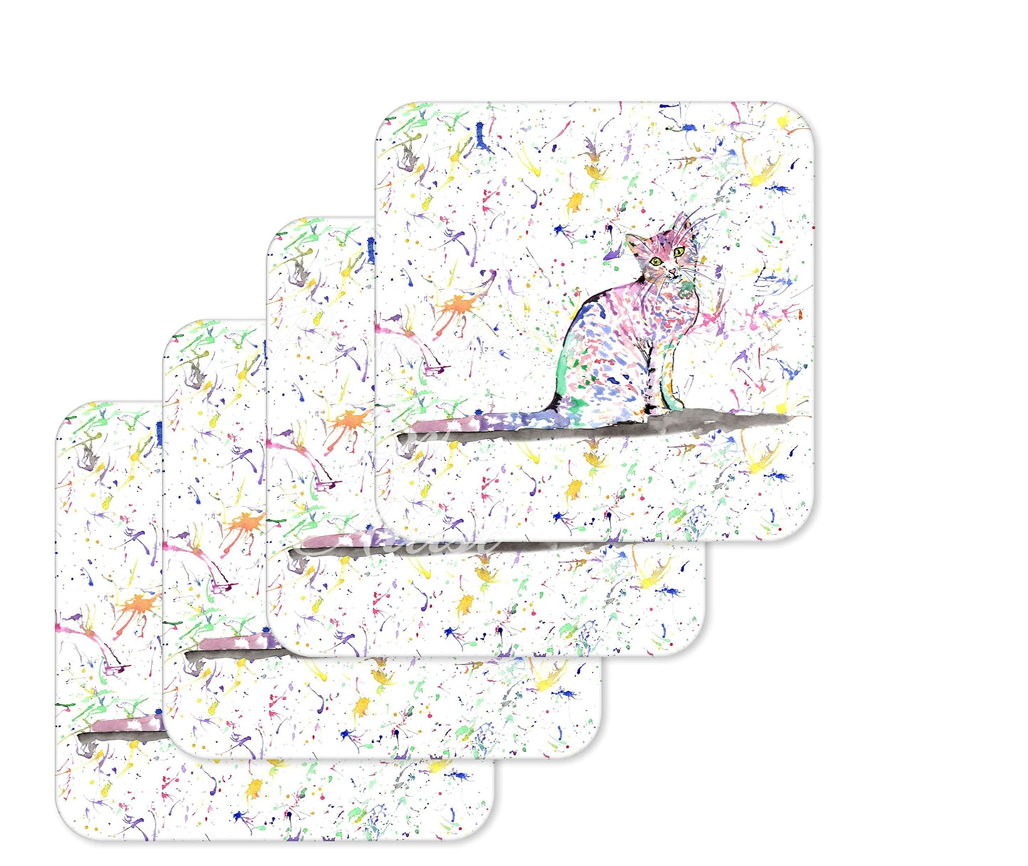 Coaster Cat Kitten Feline Pet Animals Coasters Watercolour Art Gift Work Office Dining Tea coffee