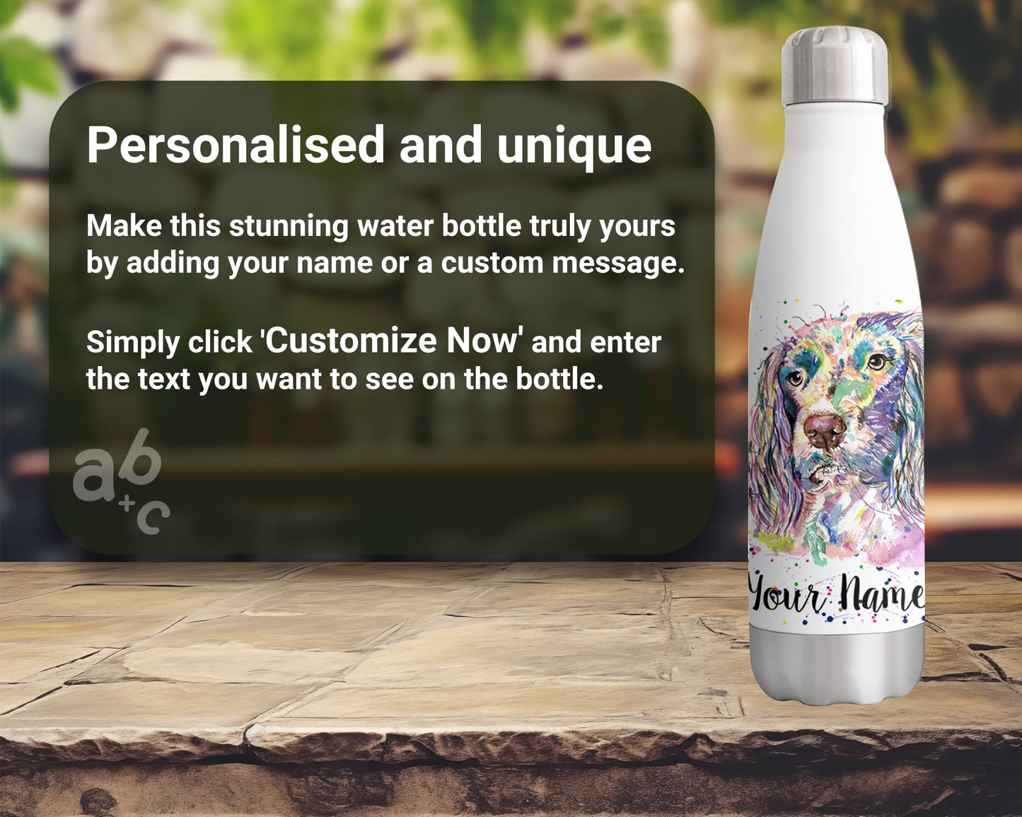 Vixar Spaniel Personalised Custom Bottle with your Text/name Springer dog pet animal watercolour Bottle Double Wall Insulated Stainless Steel Sport Drinks 500ml