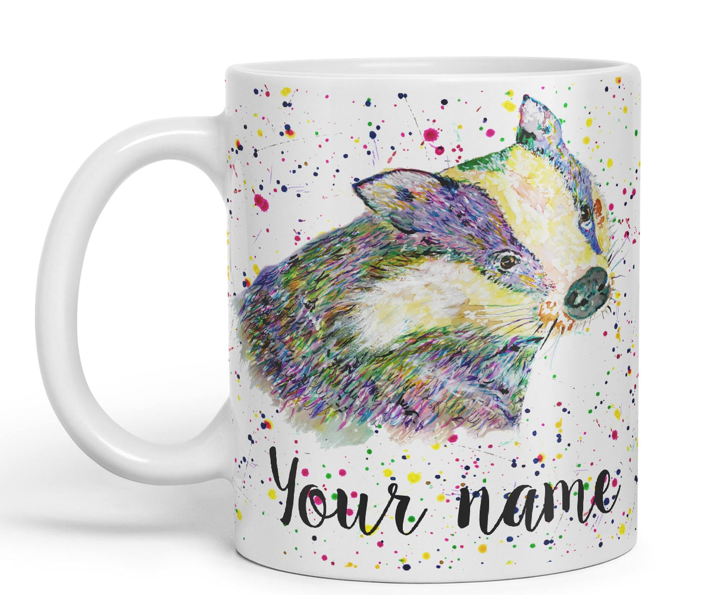 Personalised mug with Your Text name Badger animals Watercolour Art Coloured Ceramic Mug Cup Gift 330ml 11oz Custom Work Office Tea Coffee