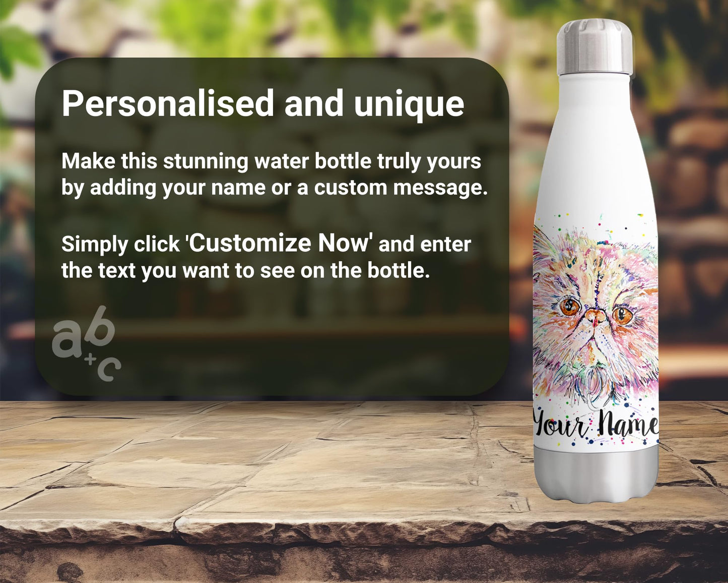 Persian cat Personalised Custom Bottle with Your Text/Name Watercolour Kitten Pet Animals Bottle Double Wall Insulated Stainless Steel Sport Drinks 500ml