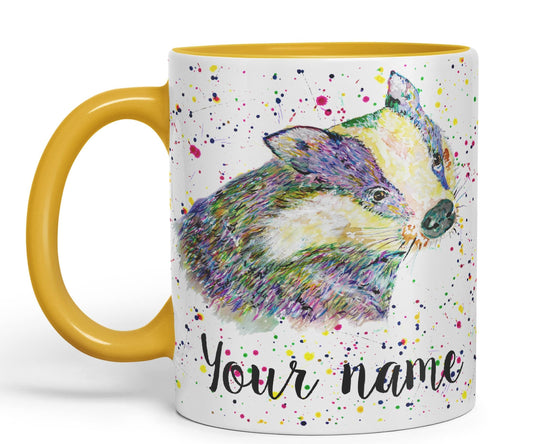 Personalised mug with Your Text name Badger animals Watercolour Art Coloured Ceramic Mug Cup Gift 330ml 11oz Custom Work Office Tea Coffee