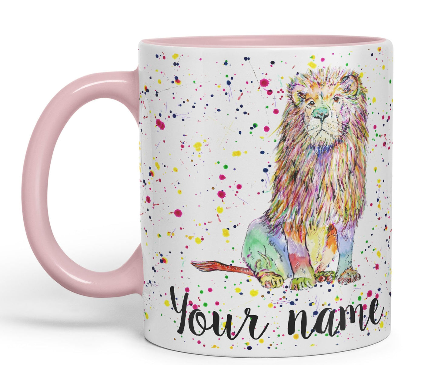 Vixar Personalised with Your Text Lion Cat King Safari Animals Watercolour Art Coloured Ceramic Mug Cup Gift 330ml 11oz Custom Work Office Tea Coffee