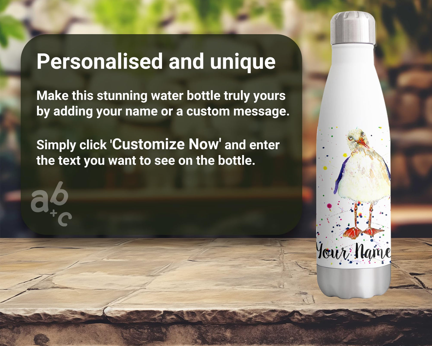 Seagull Personalised Custom Bottle with Your Text/Name Watercolour Beach seafront birdAnimals Bottle Double Wall Insulated Stainless Steel Sport Drinks 500ml