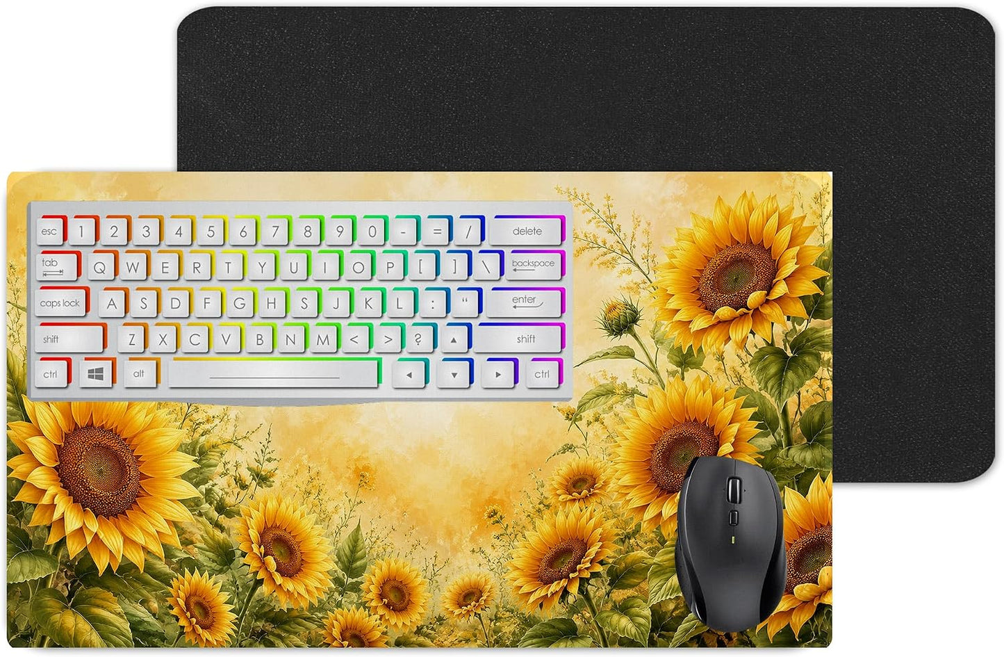 Vixar Sunflower Garden Large Desk Mat – Bright Floral Fabric Mouse Pad with 3mm Non-Slip Rubber Base, 600 x 350mm